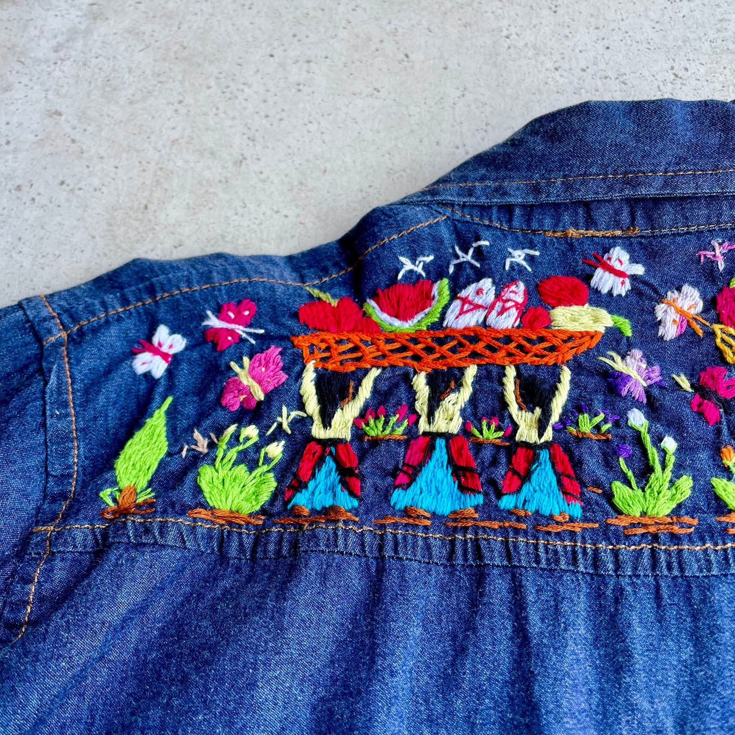 Michoacan Embroidery Light Denim Shirt I (M)/ミチョアカン メキシコ刺繍 デニムシャツ 薄手/インディゴ Mサイズ