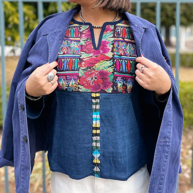 Huipil × Indigo Blouse #2/グアテマラ ウィピル 藍染 ブラウス 刺繍