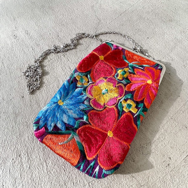 Mexican Flower Embroidery Mini Bag #2/メキシコ刺繍 がま口バッグ ポシェット スマホケース
