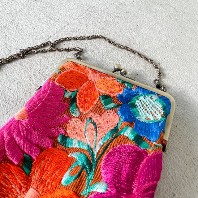 Mexican Flower Embroidery Mini Bag #1/メキシコ刺繍 がま口バッグ ポシェット スマホケース