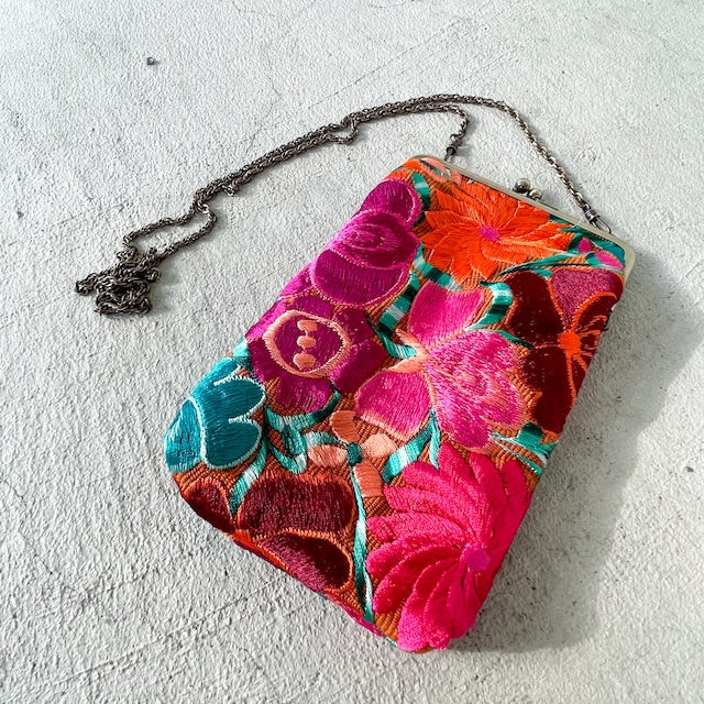 Mexican Flower Embroidery Mini Bag #1/メキシコ刺繍 がま口バッグ ポシェット スマホケース