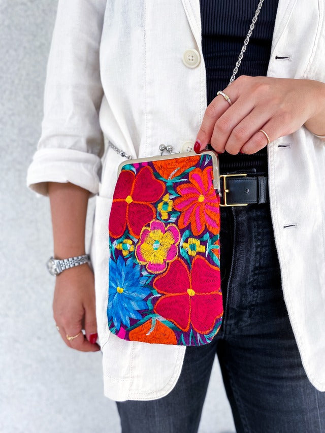 Mexican Flower Embroidery Mini Bag #2/メキシコ刺繍 がま口バッグ ポシェット スマホケース