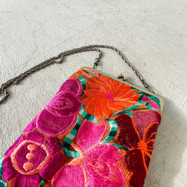 Mexican Flower Embroidery Mini Bag #1/メキシコ刺繍 がま口バッグ ポシェット スマホケース