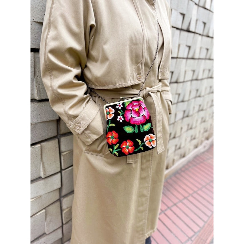 Oaxaca Huipil × Leather Mini Bag/メキシコ刺繍 がま口バッグ ポシェット