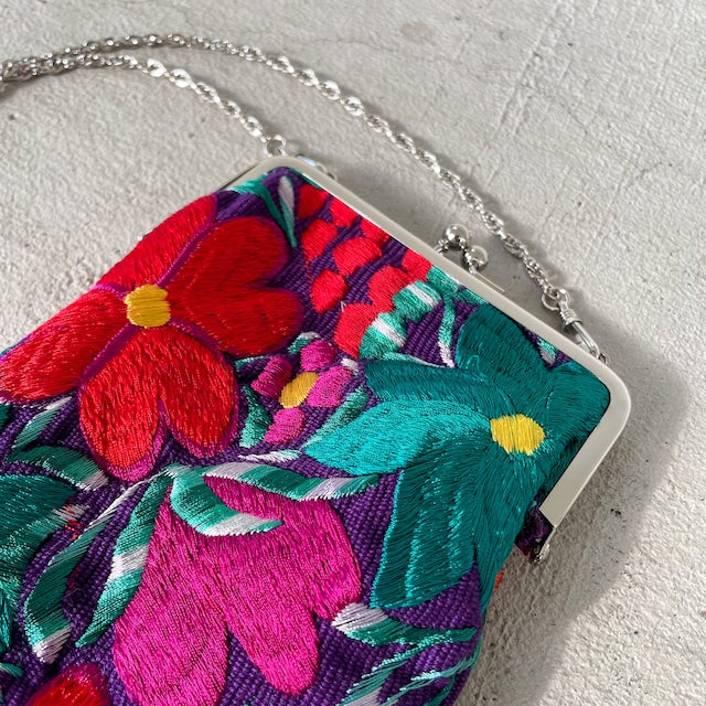 Mexican Flower Embroidery Mini Bag #4/メキシコ刺繍 がま口バッグ ポシェット スマホケース