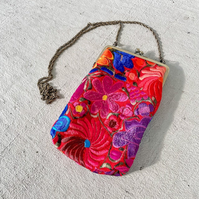 Mexican Flower Embroidery  Mini Bag #3／メキシコ刺繍 がま口バッグ ポシェット スマホケース