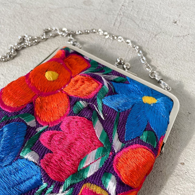 Mexican Flower Embroidery Mini Bag #4／メキシコ刺繍 がま口バッグ ポシェット スマホケース