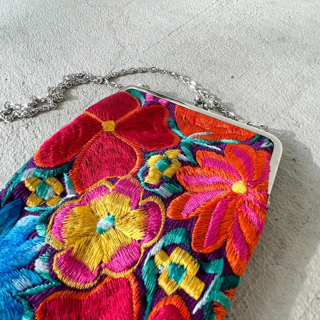 Mexican Flower Embroidery  Mini Bag #2／メキシコ刺繍 がま口バッグ ポシェット スマホケース