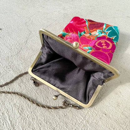 Mexican Flower Embroidery  Mini Bag #1／メキシコ刺繍 がま口バッグ ポシェット スマホケース