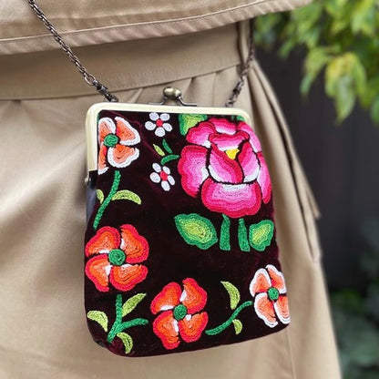Oaxaca Huipil × Leather Mini Bag／メキシコ刺繍 がま口バッグ ポシェット