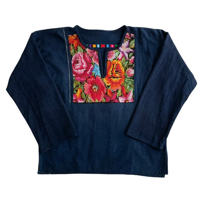 Huipil × Indigo Blouse #1／グアテマラ ウィピル 藍染 ブラウス 刺繍