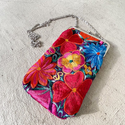 Mexican Flower Embroidery  Mini Bag #2／メキシコ刺繍 がま口バッグ ポシェット スマホケース