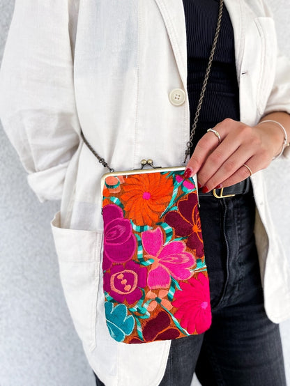 Mexican Flower Embroidery  Mini Bag #1／メキシコ刺繍 がま口バッグ ポシェット スマホケース