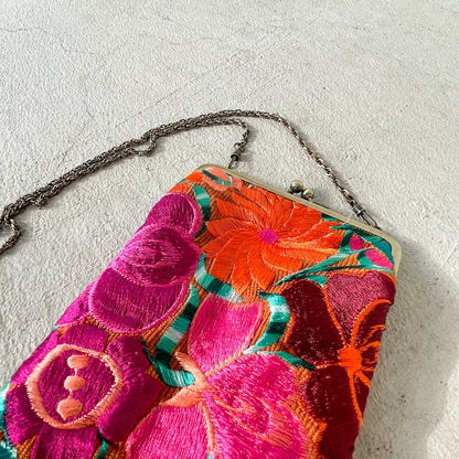 Mexican Flower Embroidery  Mini Bag #1／メキシコ刺繍 がま口バッグ ポシェット スマホケース