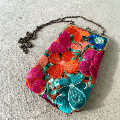 Mexican Flower Embroidery  Mini Bag #1／メキシコ刺繍 がま口バッグ ポシェット スマホケース